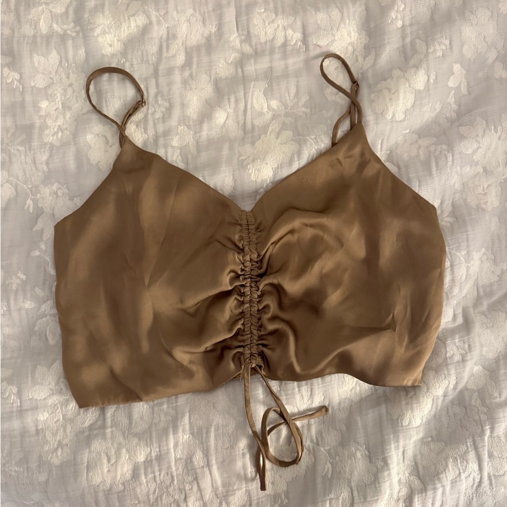 Brown Ruched Satin Crop Top